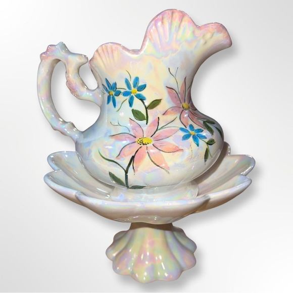 Vintage 1968 Small Iridescent Floral Pitcher & Wash Basin/Display Tray Platter - Picture 2 of 15